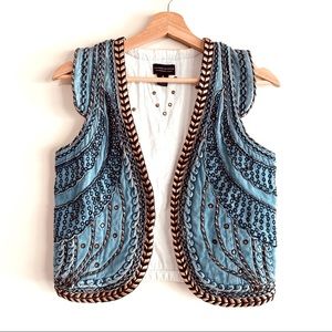 Maison Scotch Embroidered & Embellished Quilted Boho Denim Vest Size 1 Small